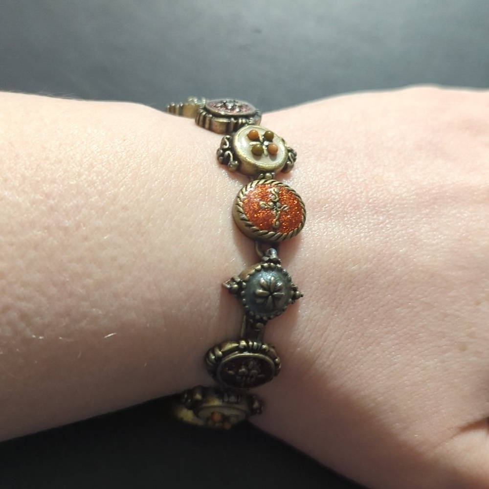 Vintage Gold Tone Orange Cream Enamel Sparkle Magnetic Clasp Statement Bracelet - Picture 6 of 6